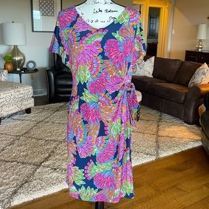MSK Flutter Sleeve Multi Colored Floral Midi Dress with Faux Wrap. Women’s Large
